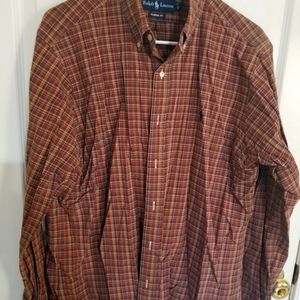 Polo long sleeve brown plaid large shirt